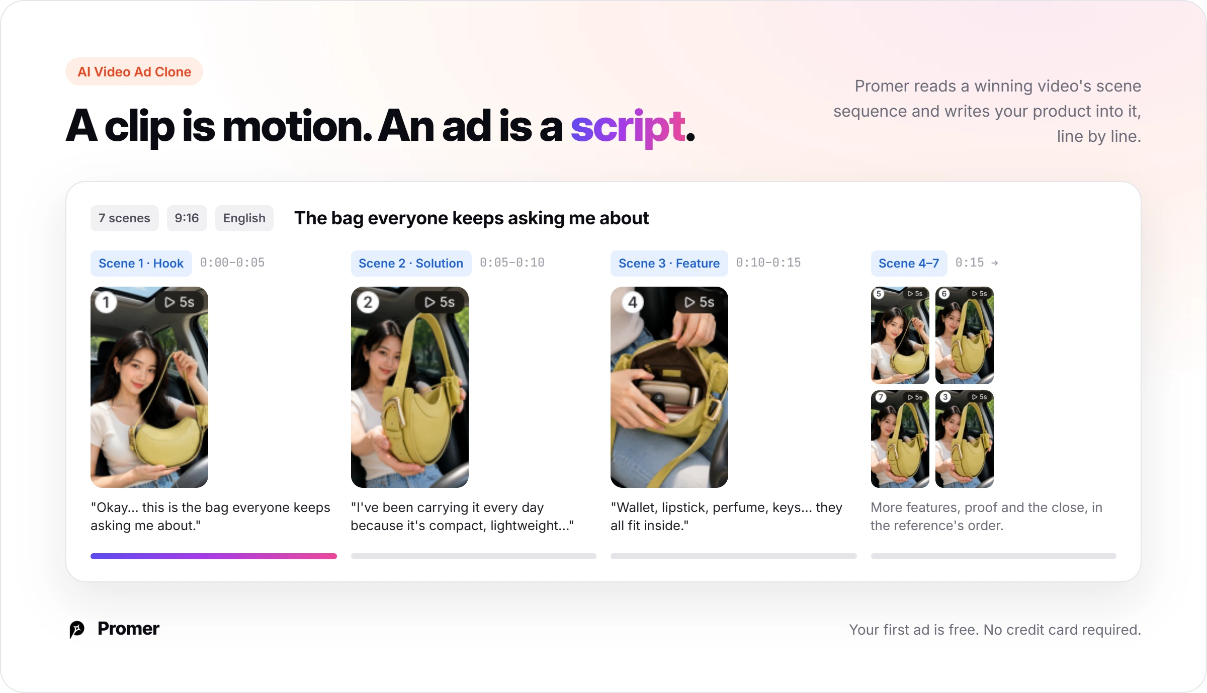 AI Video Ad Clone scene breakdown for a handbag ad: 7 scenes in 9:16 with hook, solution and feature lines scripted per scene
