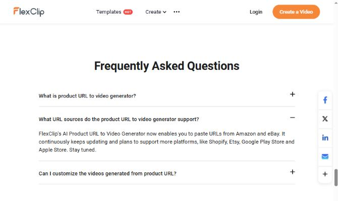FlexClip FAQ answer: Product URL to Video accepts Amazon and eBay, with Shopify planned