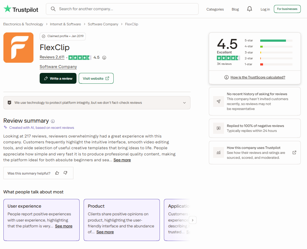 FlexClip Trustpilot profile showing a 4.5 TrustScore from 2,611 reviews