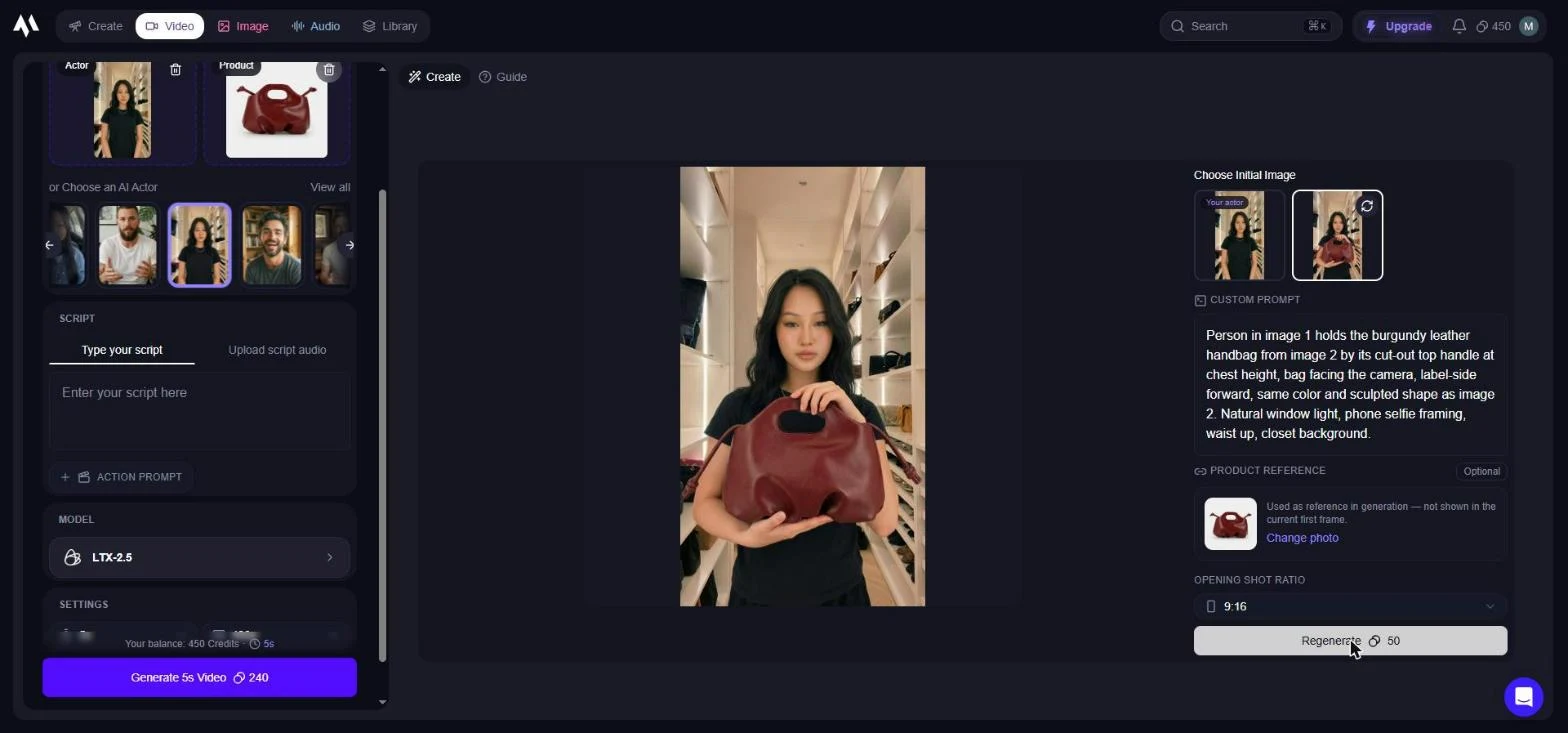The AI UGC Ads setup: actor and product on the left, the opening shot prompt on the right