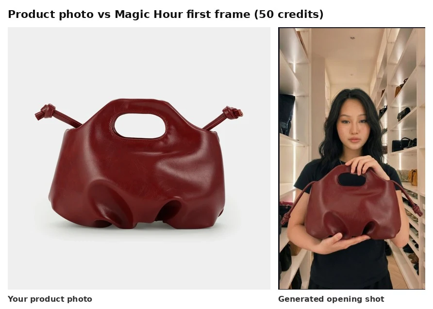 Product photo vs. the opening shot Magic Hour generated from a detailed prompt