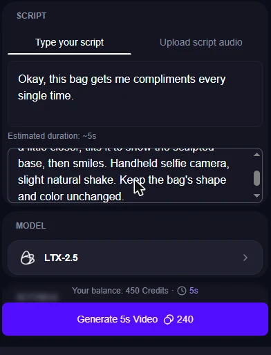 Script, action prompt and the Generate button: 240 credits for 5 seconds on LTX-2.5
