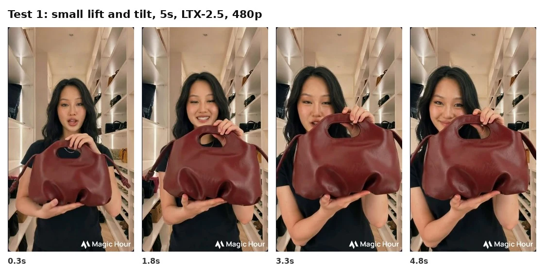 A small "lift and tilt" action: the bag keeps its shape for the full 5 seconds