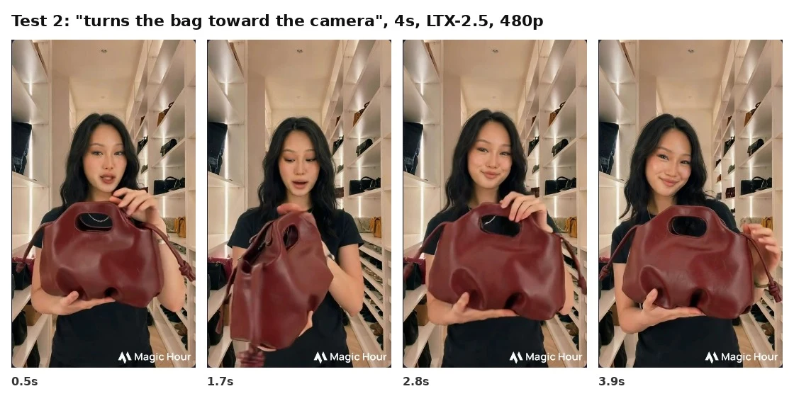 Asking the actor to turn the bag: at 1.7 seconds it becomes a different bag, then snaps back