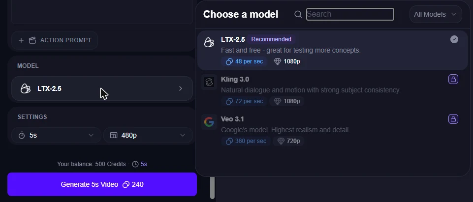 The AI UGC Ads model picker: LTX-2.5 is free to use; Kling 3.0 and Veo 3.1 are locked on the free plan