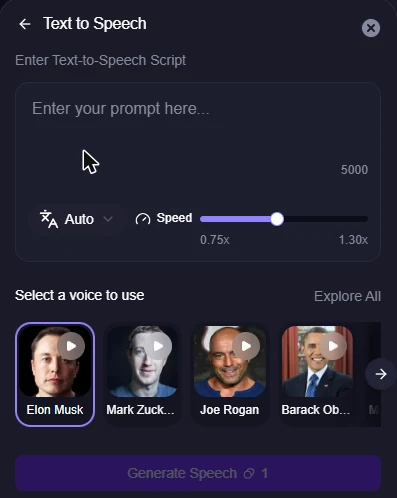 The Text to Speech panel in Magic Hour's Lip Sync, with celebrity voices as the presets