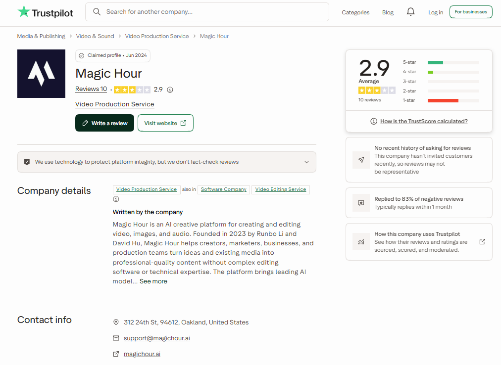 Magic Hour's Trustpilot profile, captured October 14, 2026