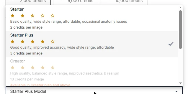 Vidgenie credit calculator image model list: Starter 2, Starter Plus 3 and Creator 10 credits per image