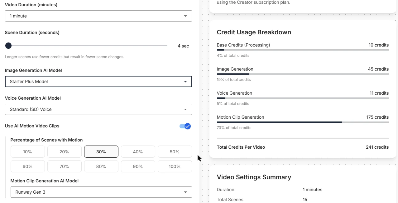Vidgenie credit calculator with motion clips on 30% of scenes: 175 motion credits, 241 credits per video