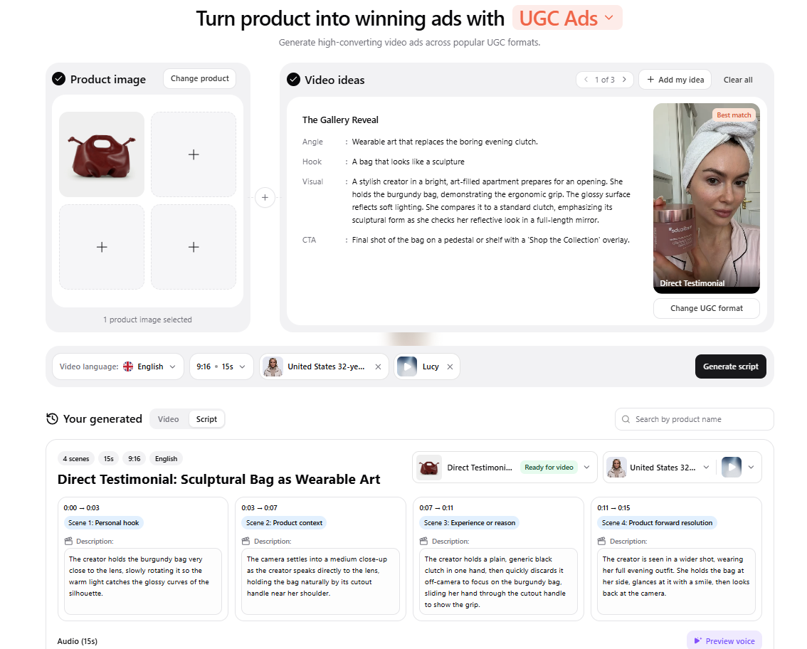 The scene-by-scene script step on Promer AI's AI UGC Ads page