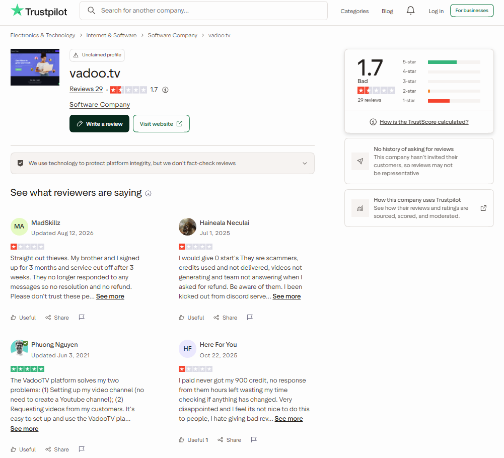 The vadoo.tv profile on Trustpilot, captured October 14, 2026