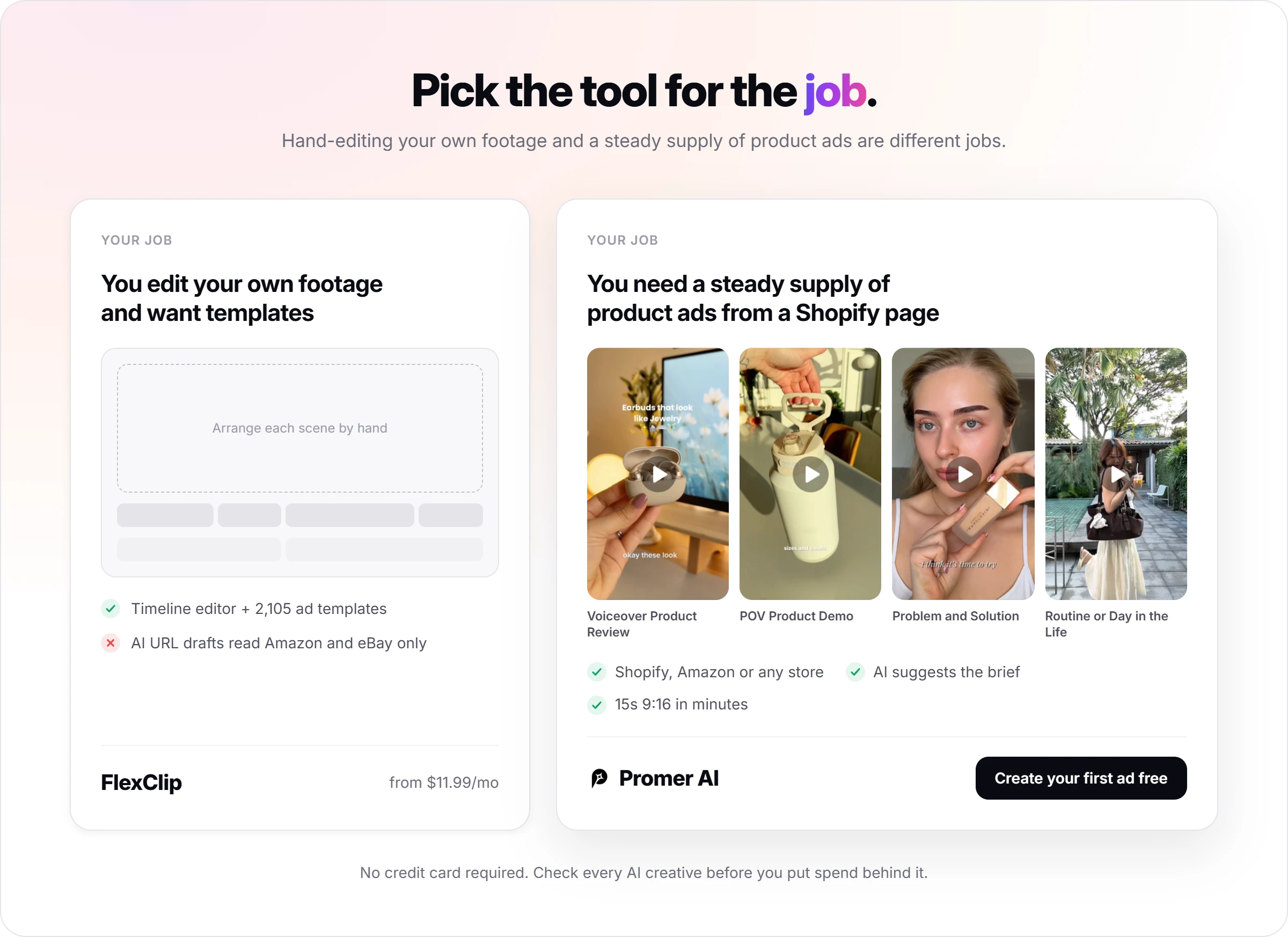 "Promer AI comparison: a template editor where you type the hook and CTA versus AI UGC Ads suggesting hook, message, visual and CTA