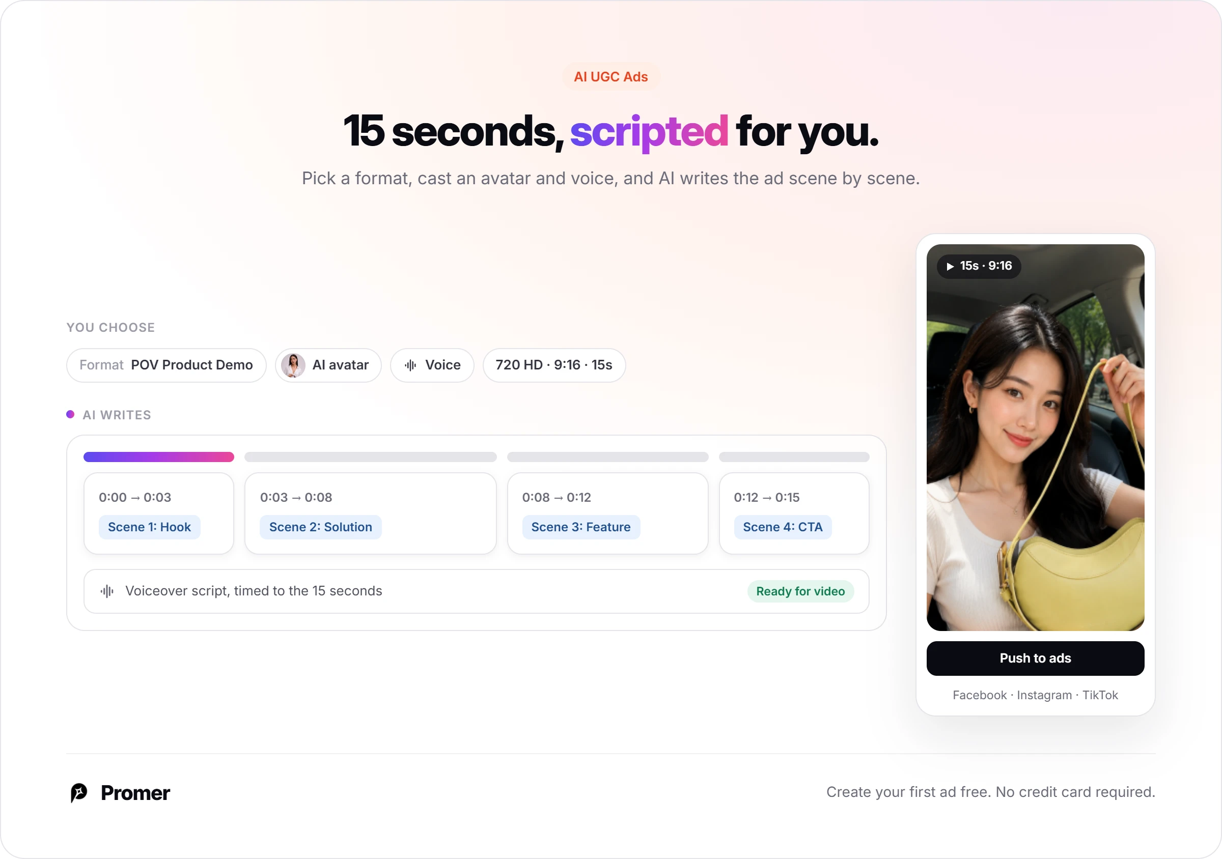 Promer AI UGC ad builder: pick a format, cast an AI avatar and voice, AI writes a 4-scene script, and get a 15-second 9:16 720 HD ad ready to push to ads