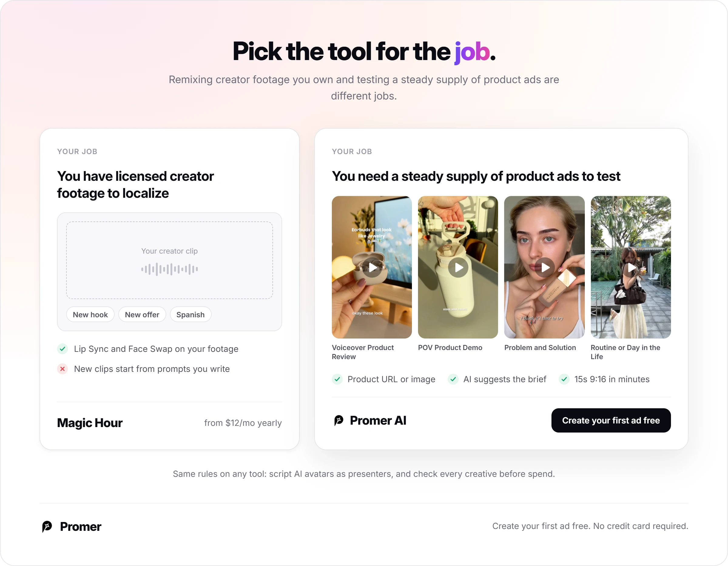 Promer AI comparison card: Magic Hour for localizing licensed creator footage versus Promer AI for a steady supply of product ads to test