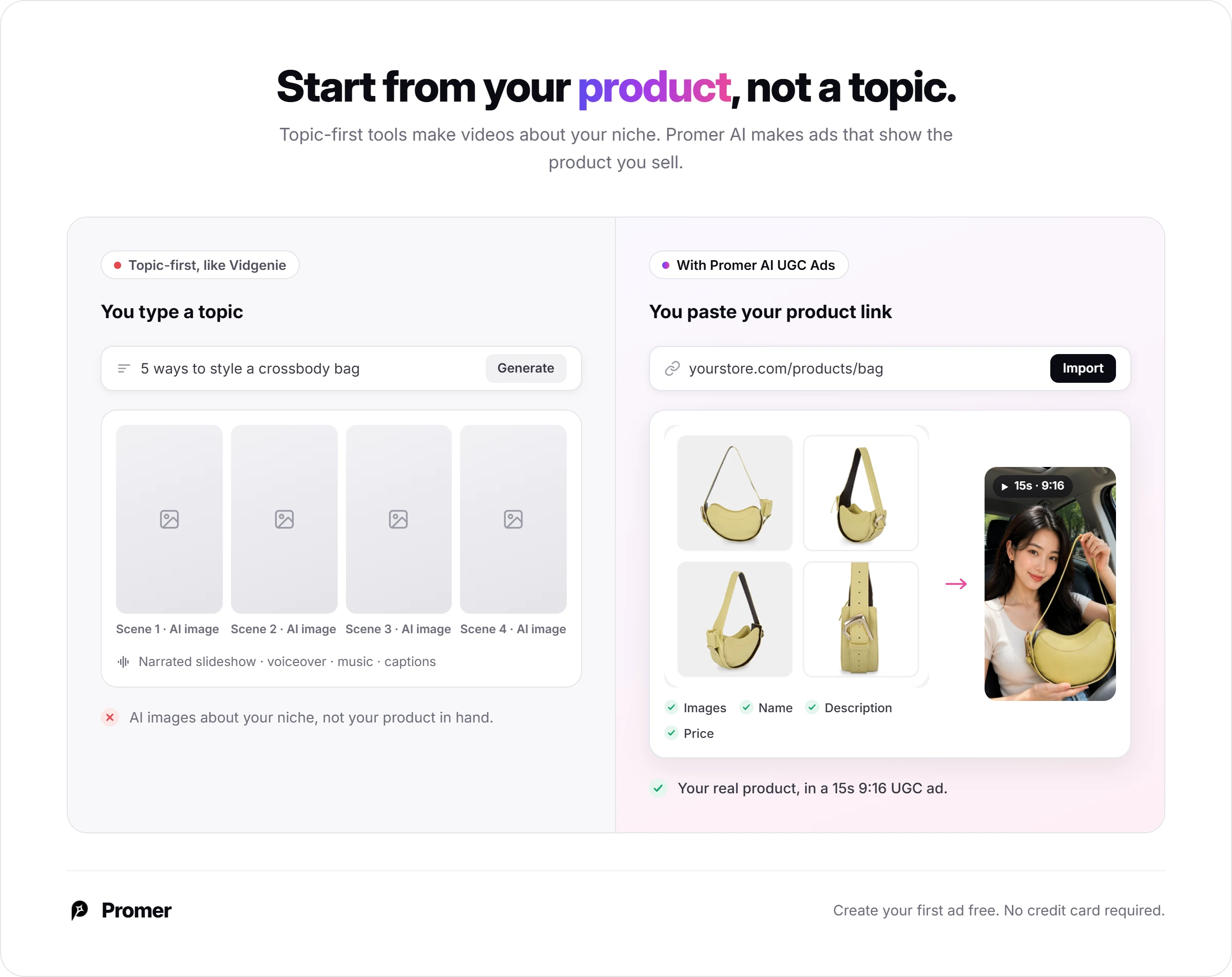 Promer AI comparison: Vidgenie starts from a typed topic and AI niche images, versus Promer AI starting from a pasted product link with real product images, name, description and price