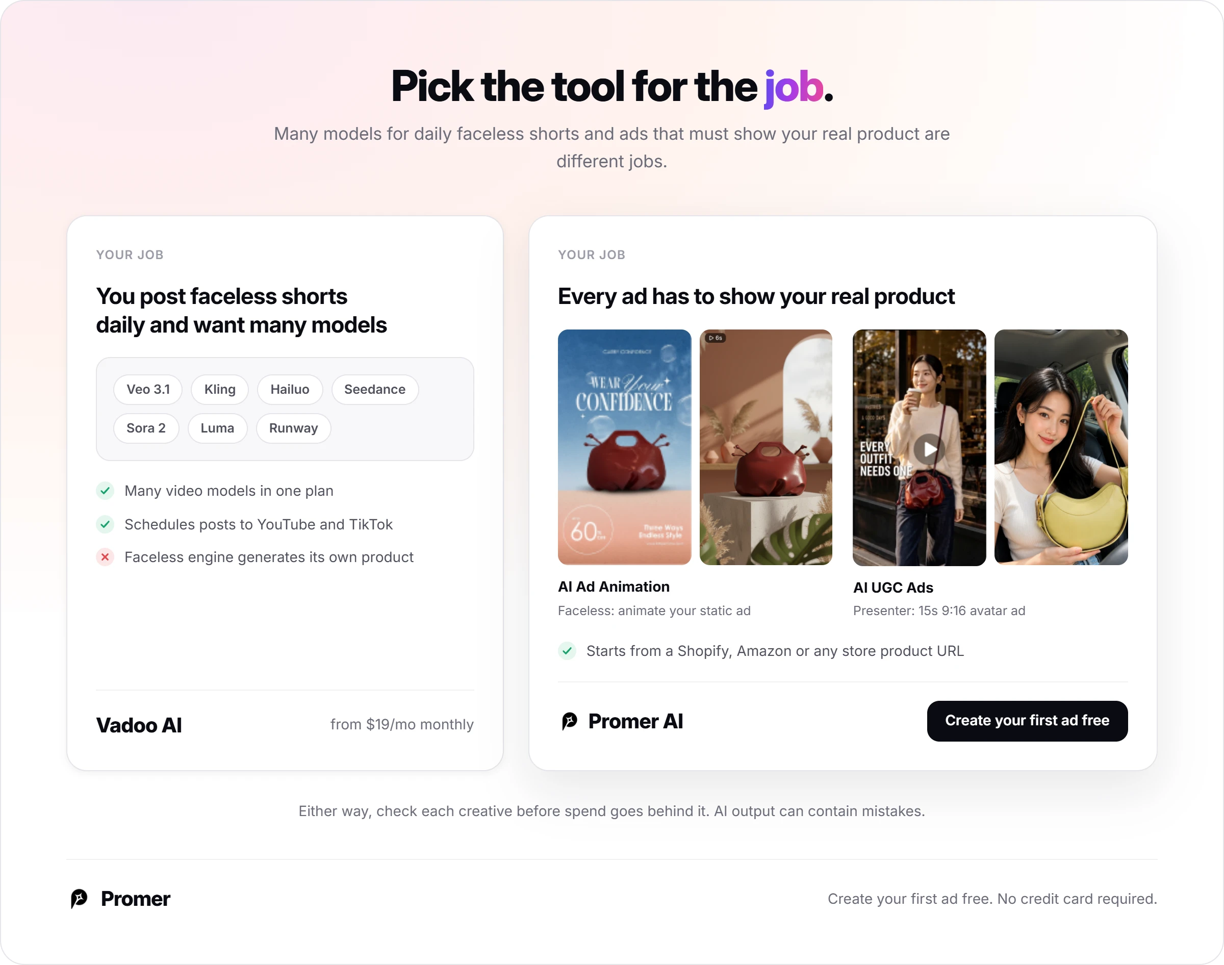 Promer AI comparison card: Vadoo AI for daily faceless shorts across many models versus Promer AI for ads that keep your real product in frame