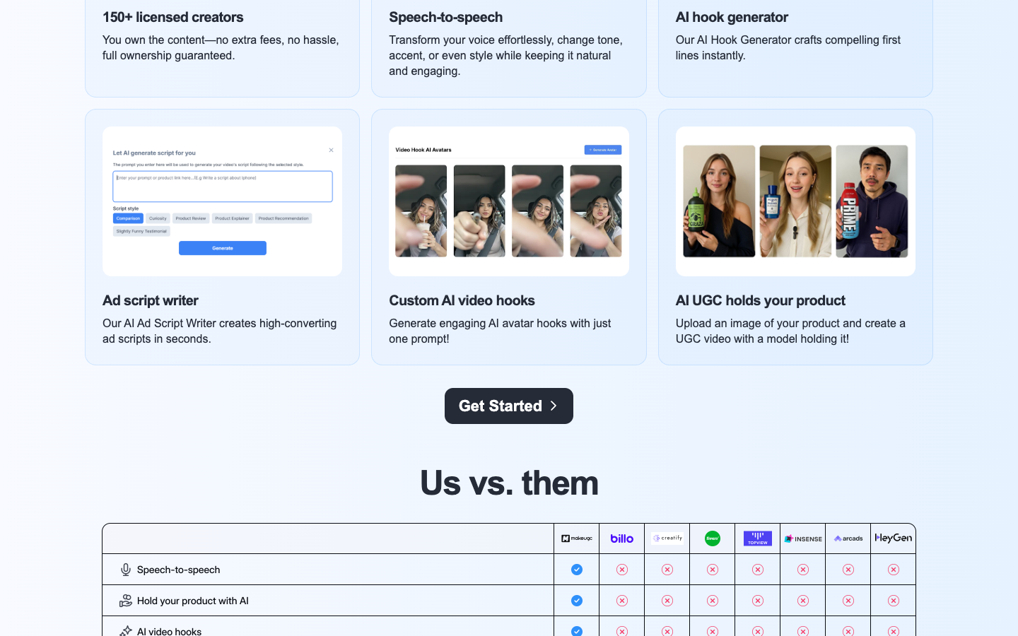 MakeUGC Ad Toolkit us vs them section comparing AI UGC with $247 creator videos