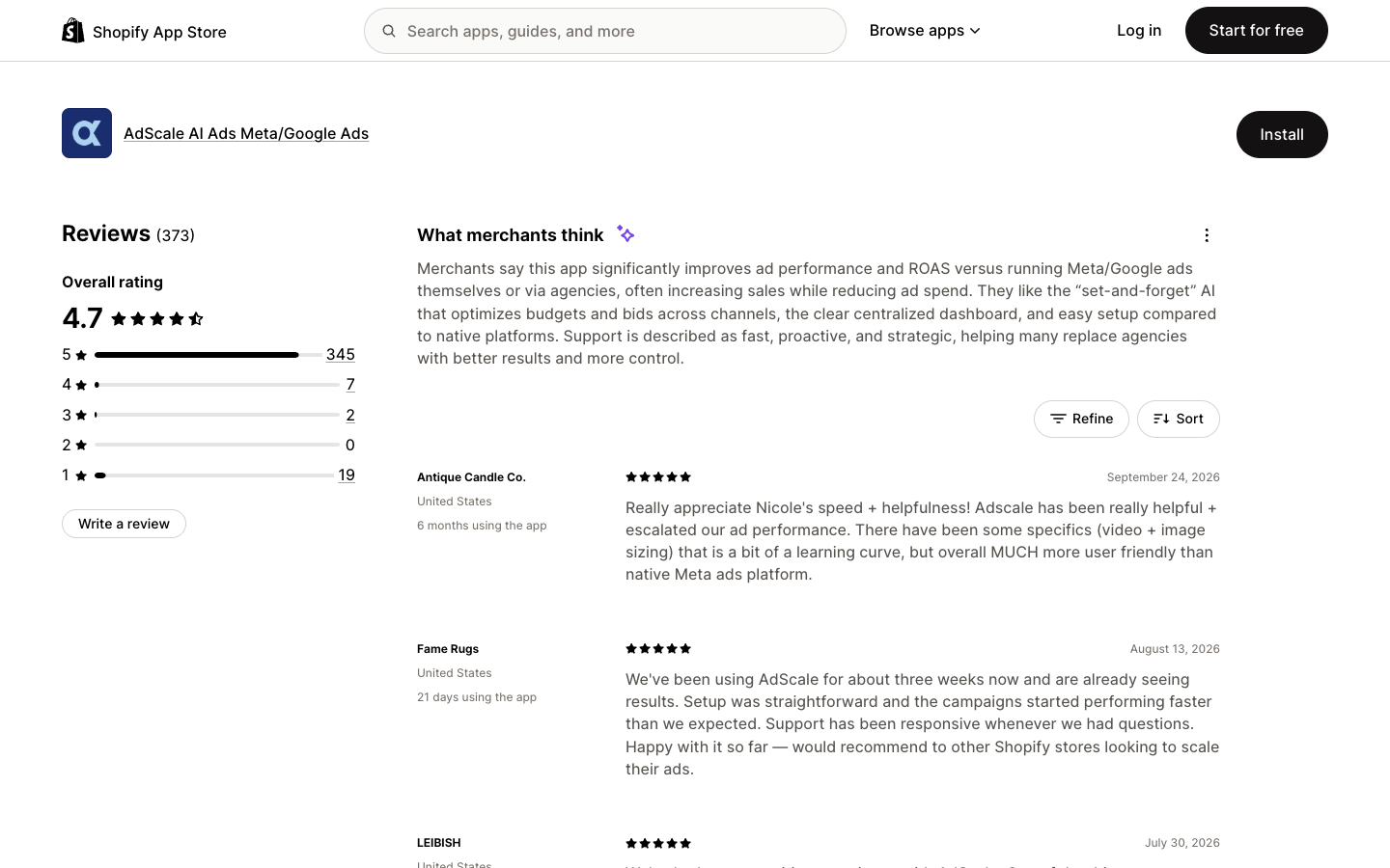 AdScale reviews on Shopify: rating bars with 345 five-star and 19 one-star reviews beside the merchant summary