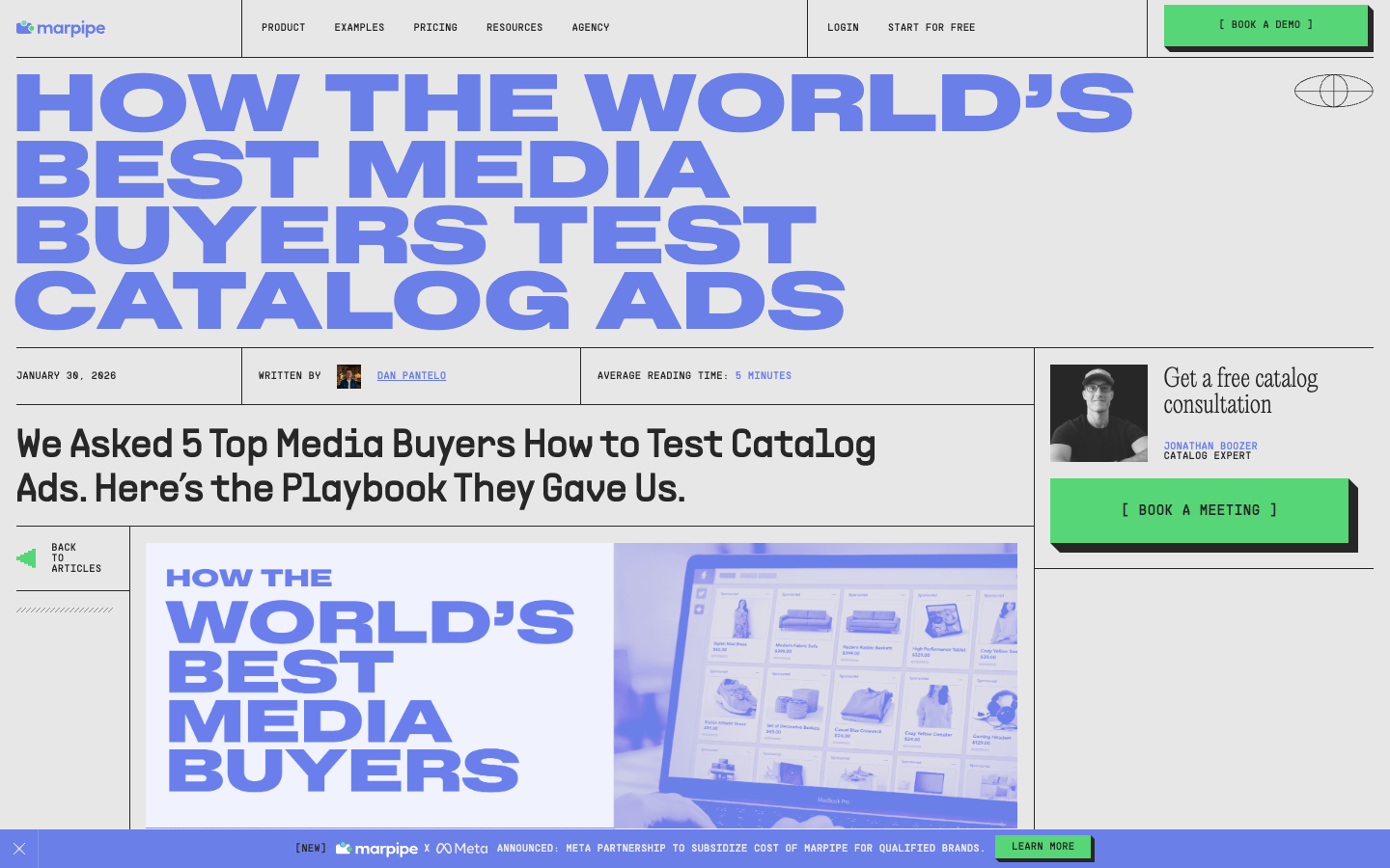 Marpipe blog post How the World's Best Media Buyers Test Catalog Ads dated January 30, 2026