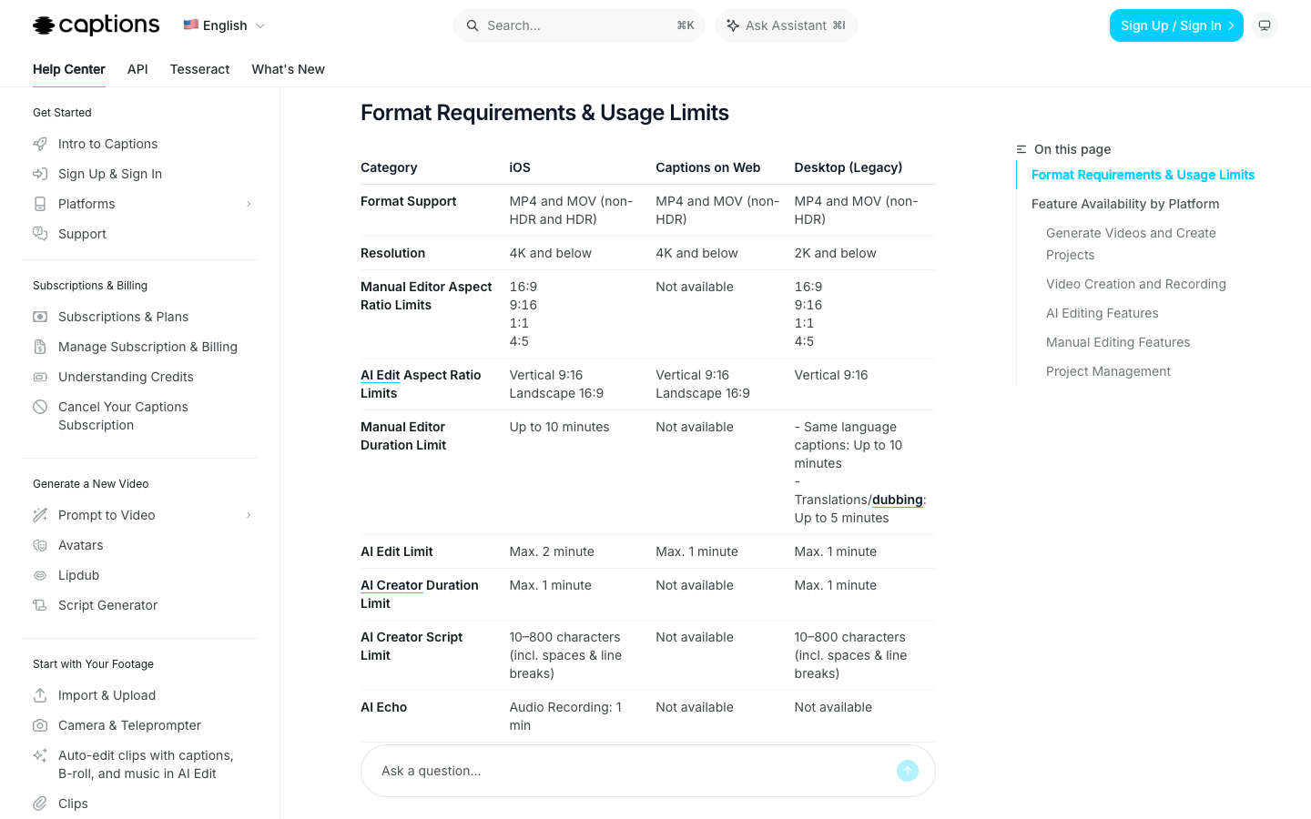Captions format requirements table with AI Edit limits of 2 minutes on iOS