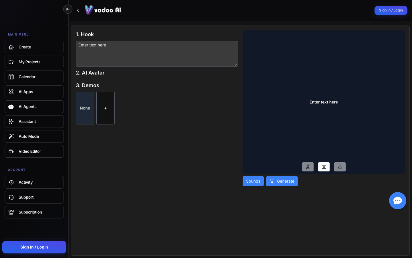 The UGC Video form inside the Vadoo AI app: Hook, AI Avatar and Demos, then Generate