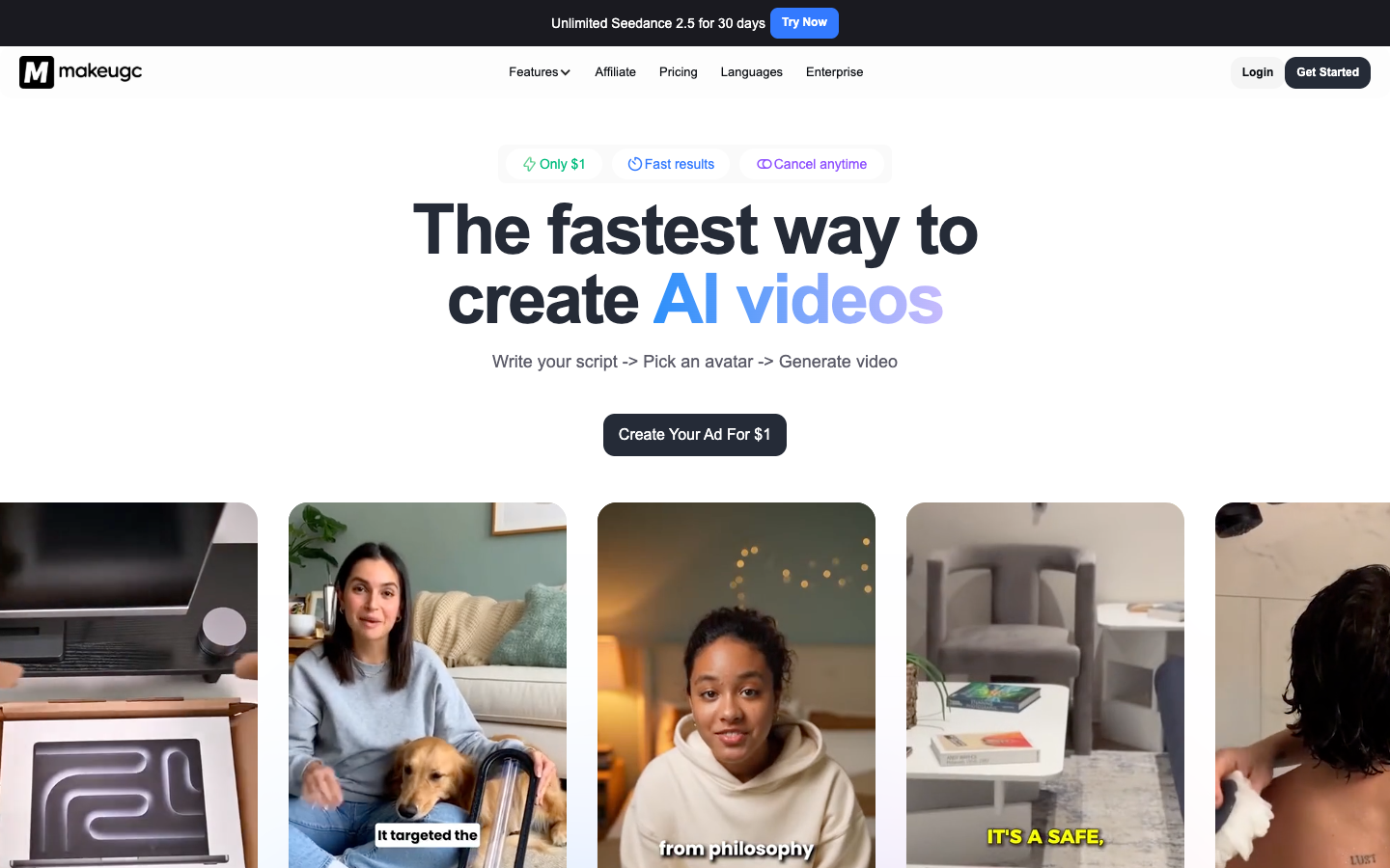 MakeUGC homepage with the write script, pick avatar, generate video flow
