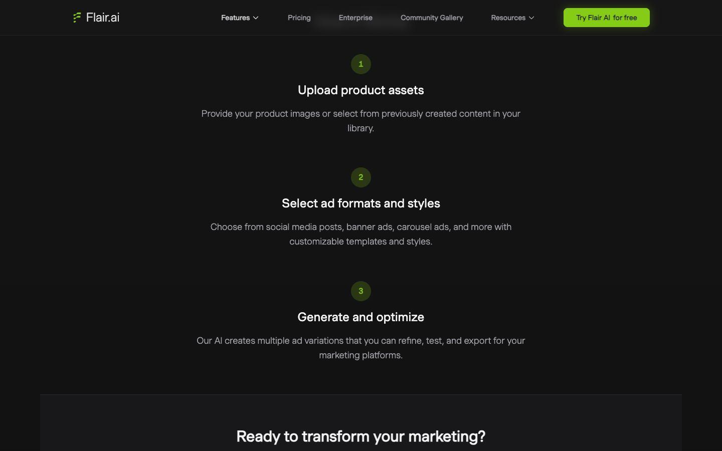 Flair AI Marketing and Ads page showing the three-step How It Works block