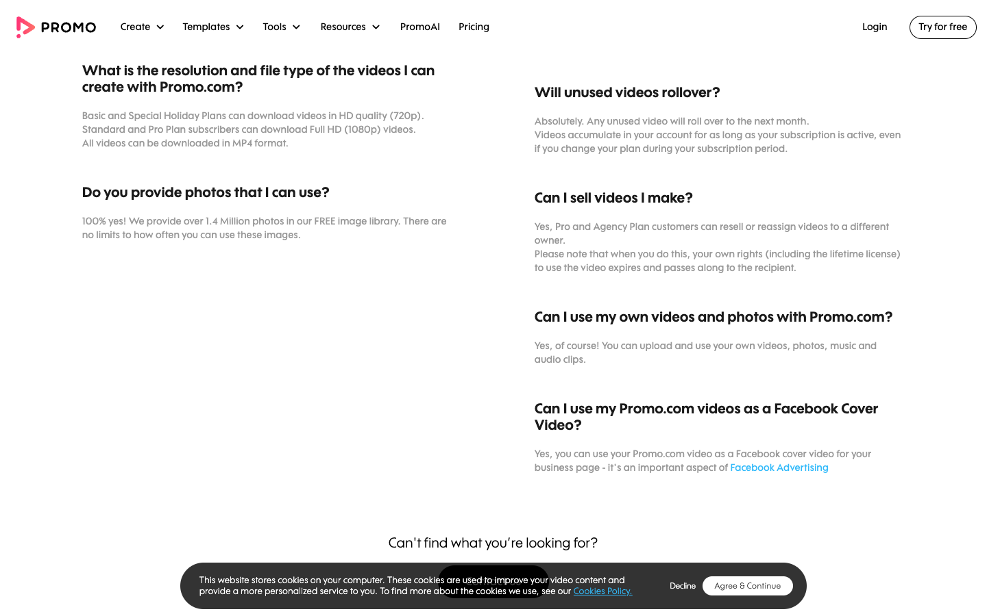 Promo.com FAQ answer stating Basic plan downloads in HD 720p resolution