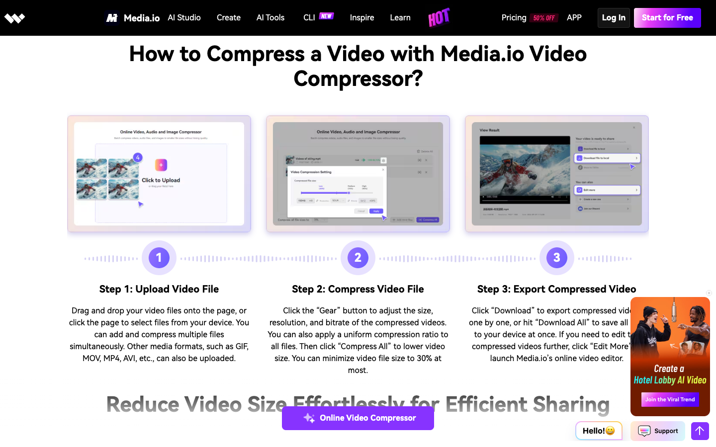 Media.io video compressor 3 steps: upload, compress with Gear settings, export compressed video