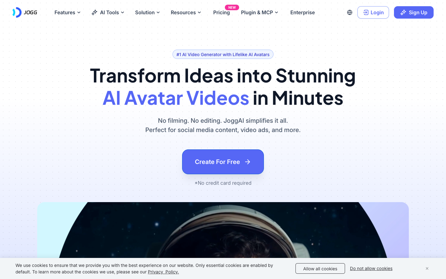 Jogg AI review homepage capture with the headline #1 AI Video Generator with Lifelike AI Avatars