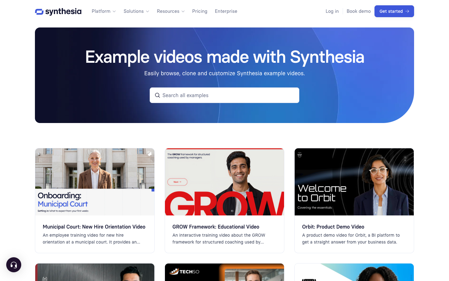 Synthesia's example video library, led by training and onboarding examples