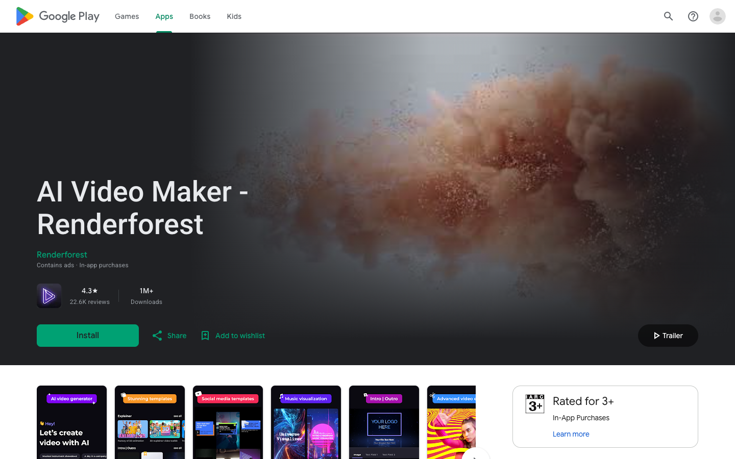 Renderforest Android application page on Google Play displaying 4.3 star rating across verified user reviews