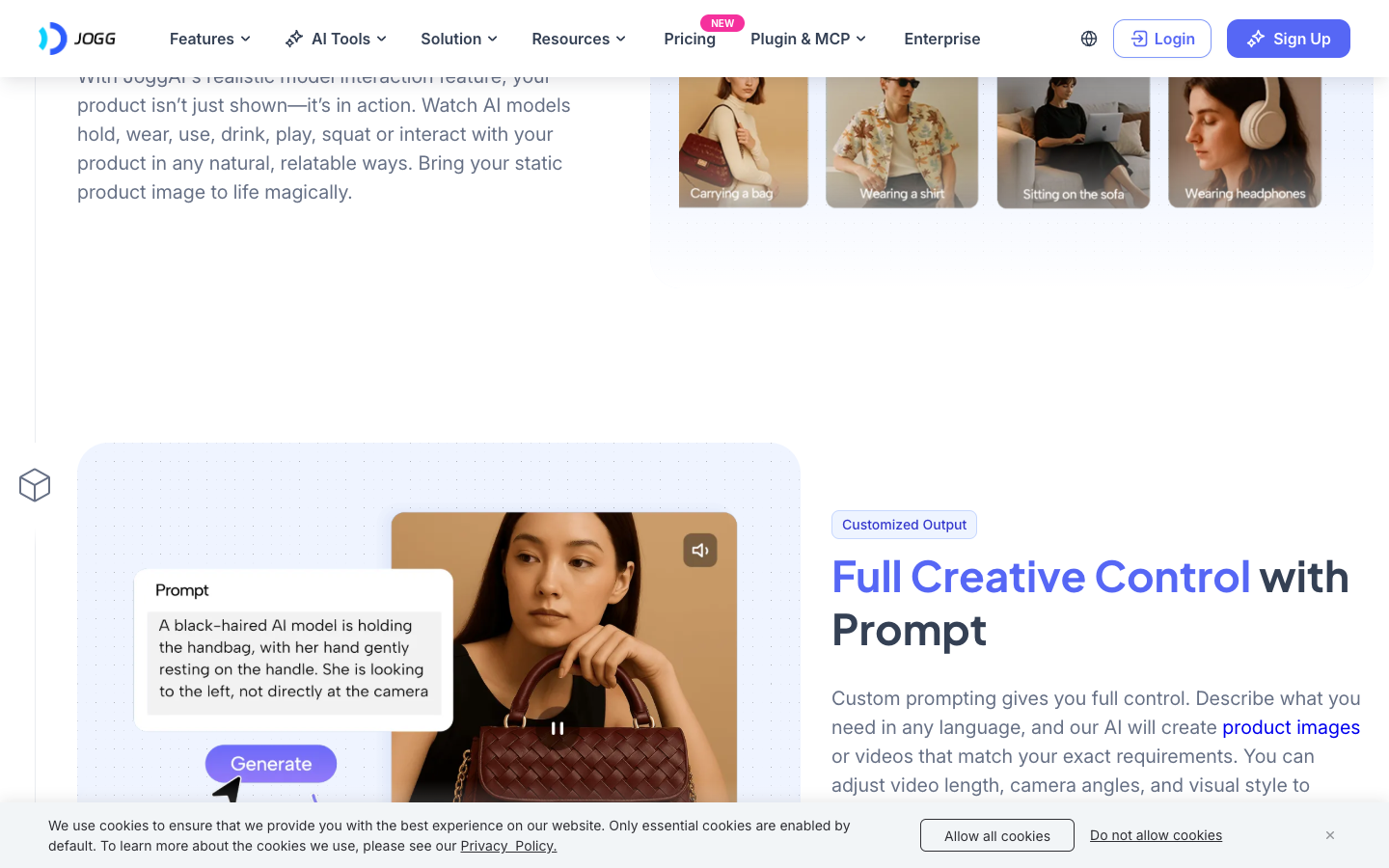 Jogg AI Product Video Shoot page listing the actions a model can do with your product
