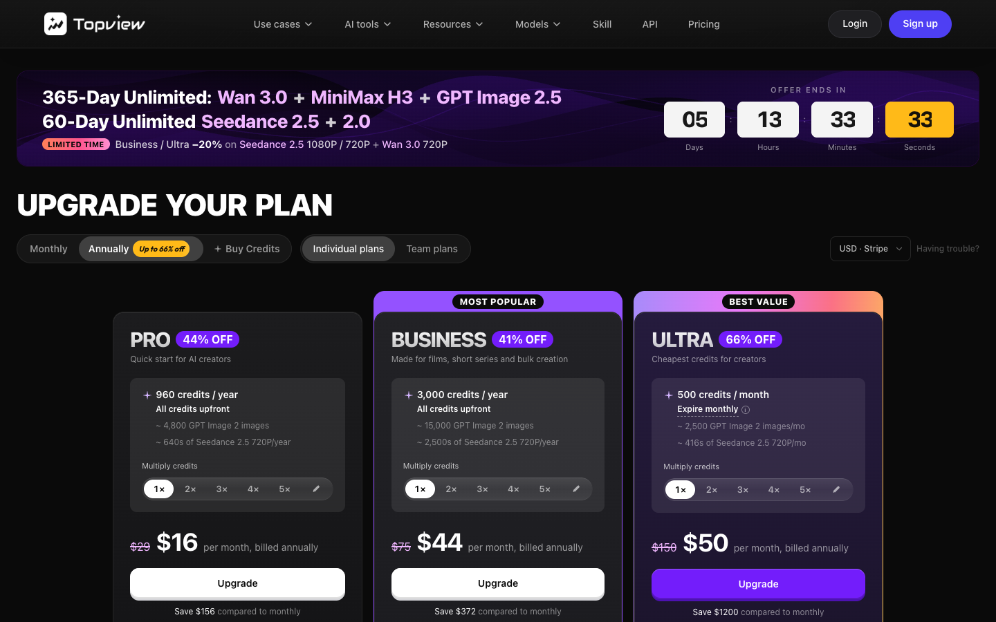 TopView AI pricing plan cards for Pro, Business and Ultra on annual billing