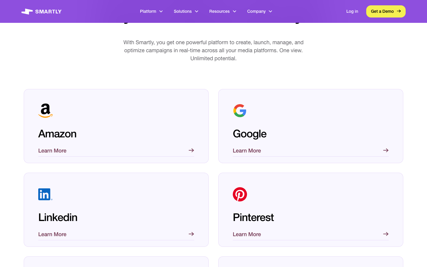 Smartly platforms page listing Amazon, Google, LinkedIn and Pinterest as supported ad channels