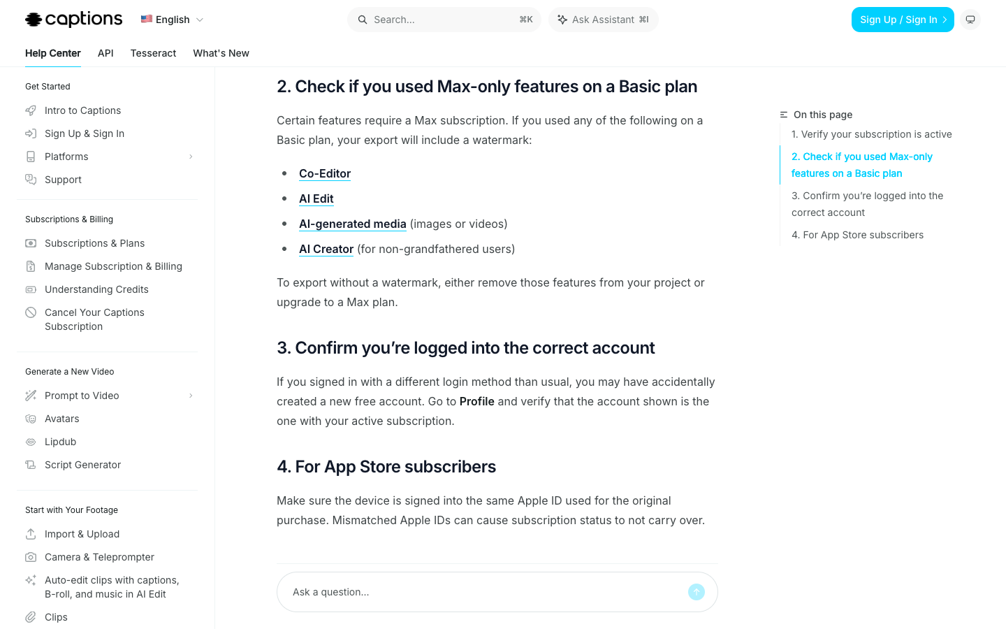 Captions watermark help page listing Co-Editor, AI Edit, and AI Creator as Max-only