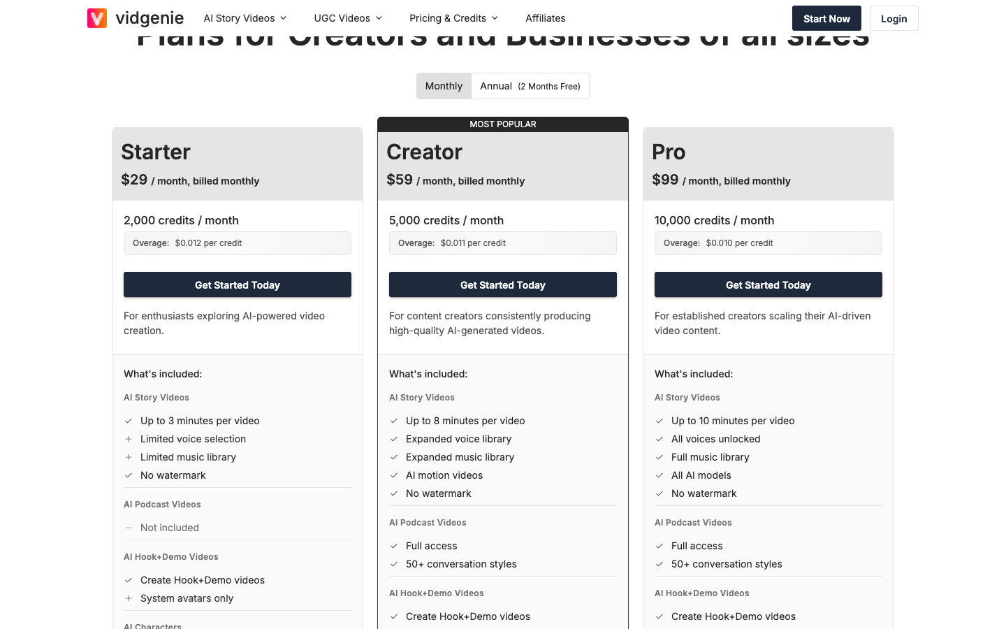 Vidgenie's pricing cards on monthly billing