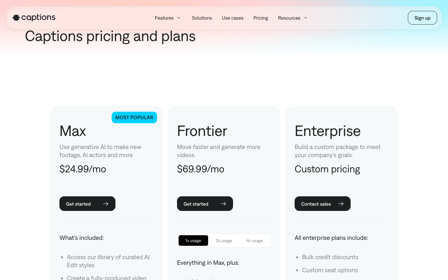 Captions pricing page with Max at $24.99, Frontier at $69.99, and Enterprise