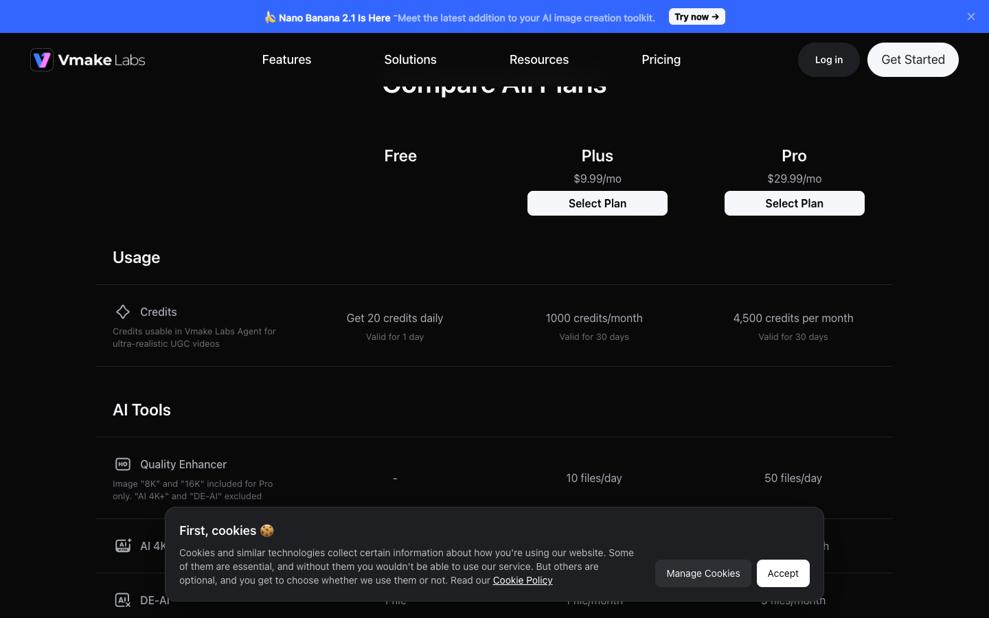 Vmake compare all plans table with credits, cleanup tool daily caps and export resolutions