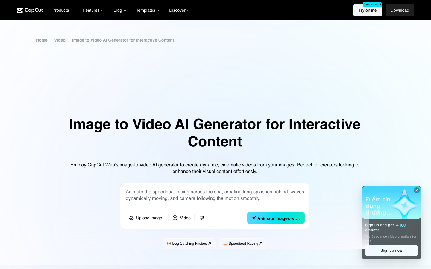 CapCut image to video AI generator page with an upload image field
