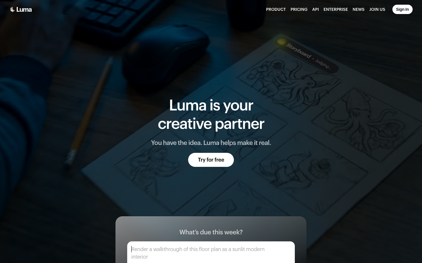 Luma homepage headline AI Agents for Creative Work with prompt box and example video tiles
