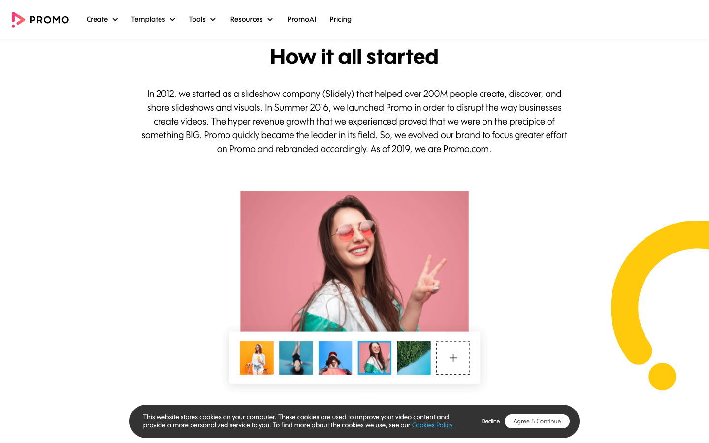 Promo.com About page How it all started section showing the 2012 Slidely beginning