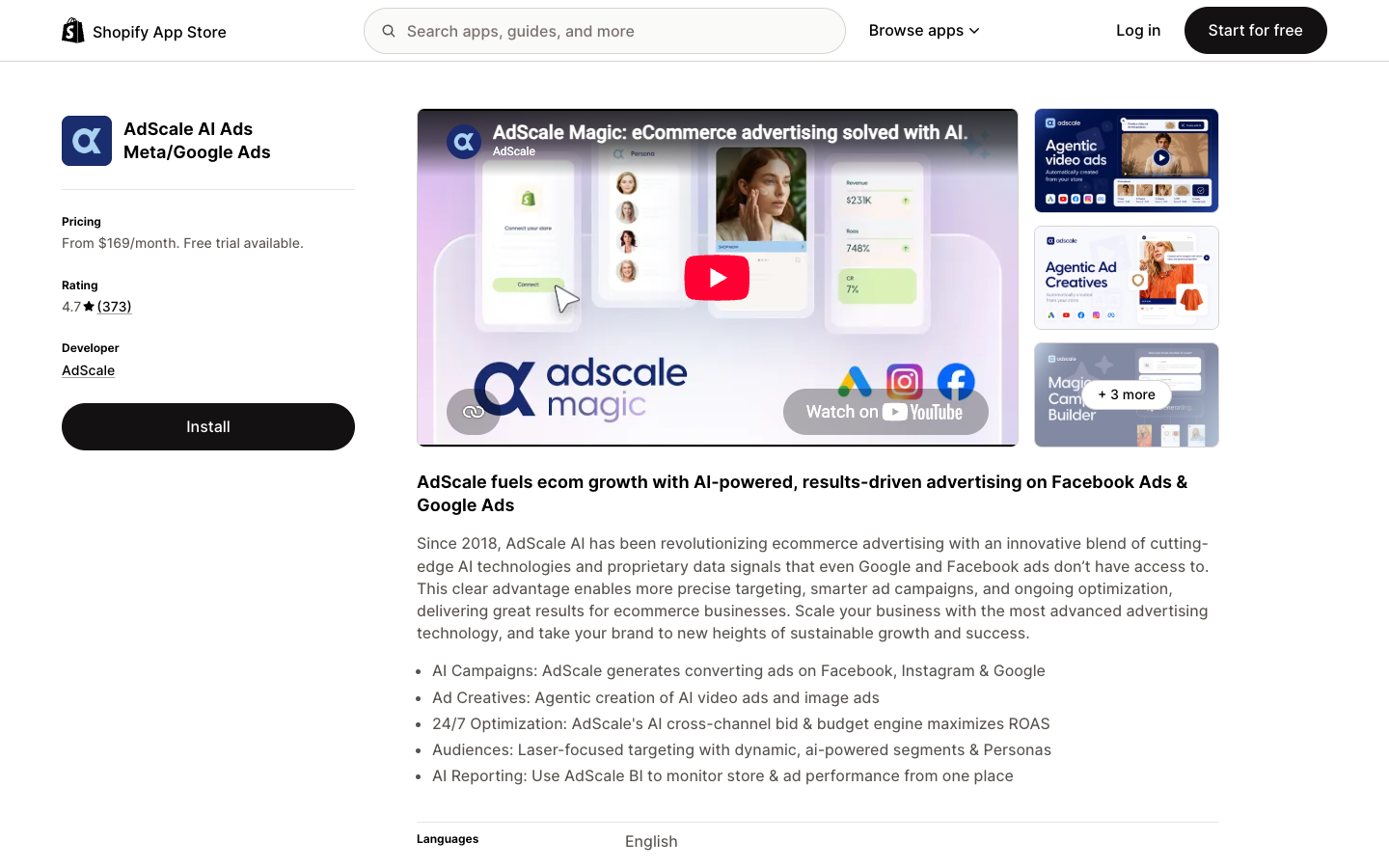 AdScale AI Ads Meta/Google Ads listing on the Shopify App Store rated 4.7