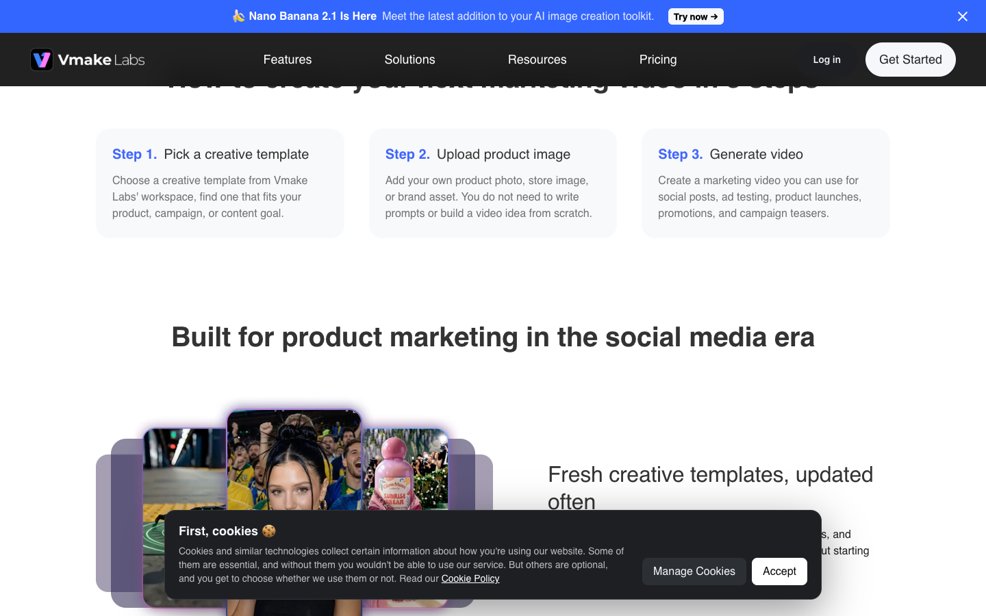Vmake creative templates page showing how-to steps: pick a template, upload a product image