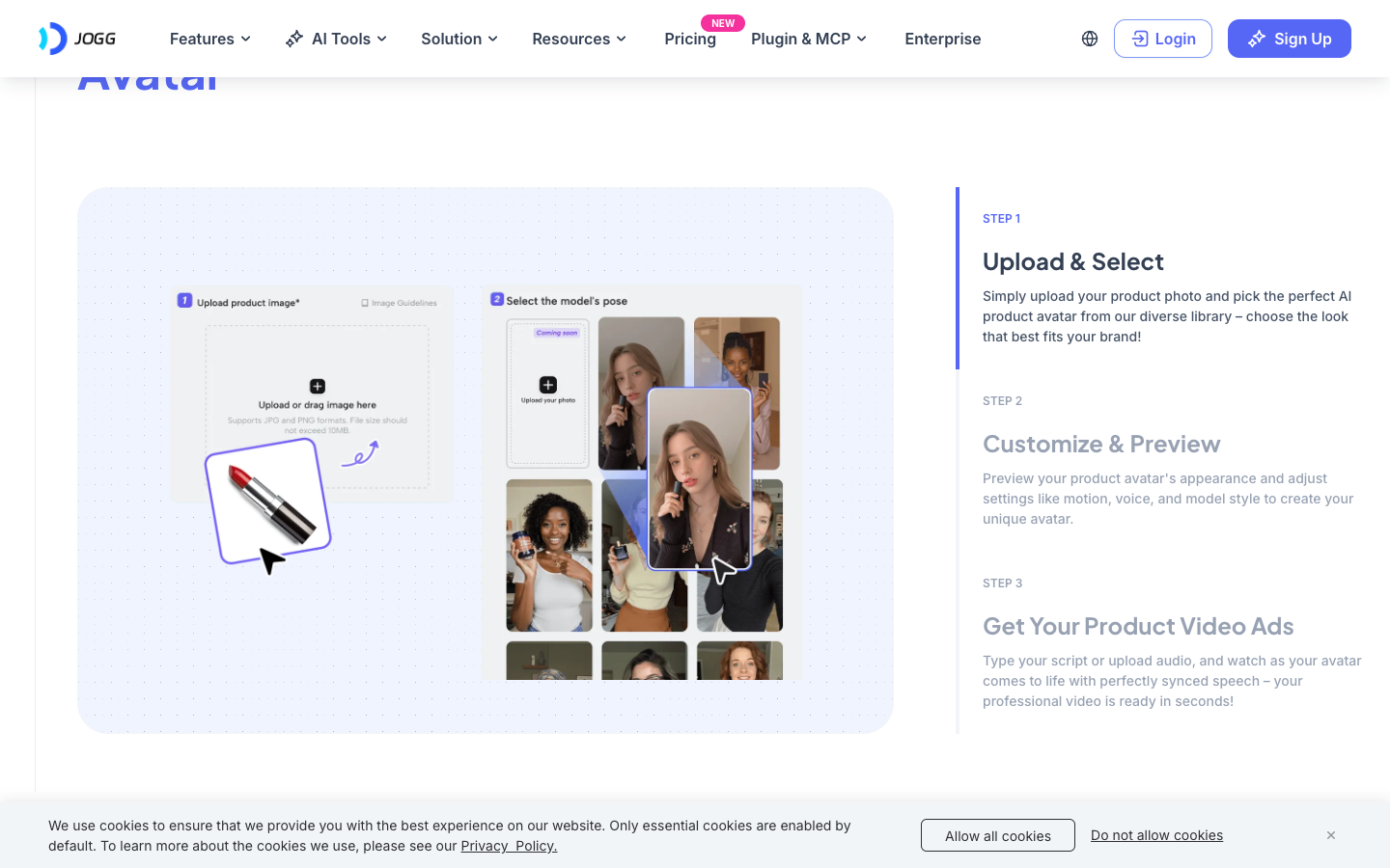 Jogg AI Product Avatar page step 1 asking for one product photo and an avatar pick