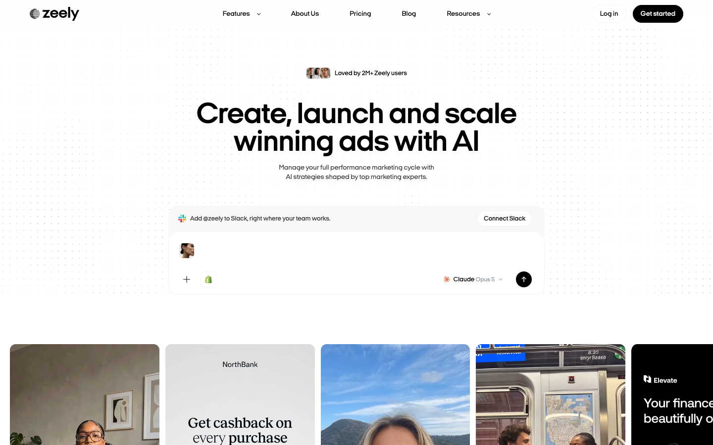 Zeely homepage hero screen displaying create launch and scale winning ads with AI headline