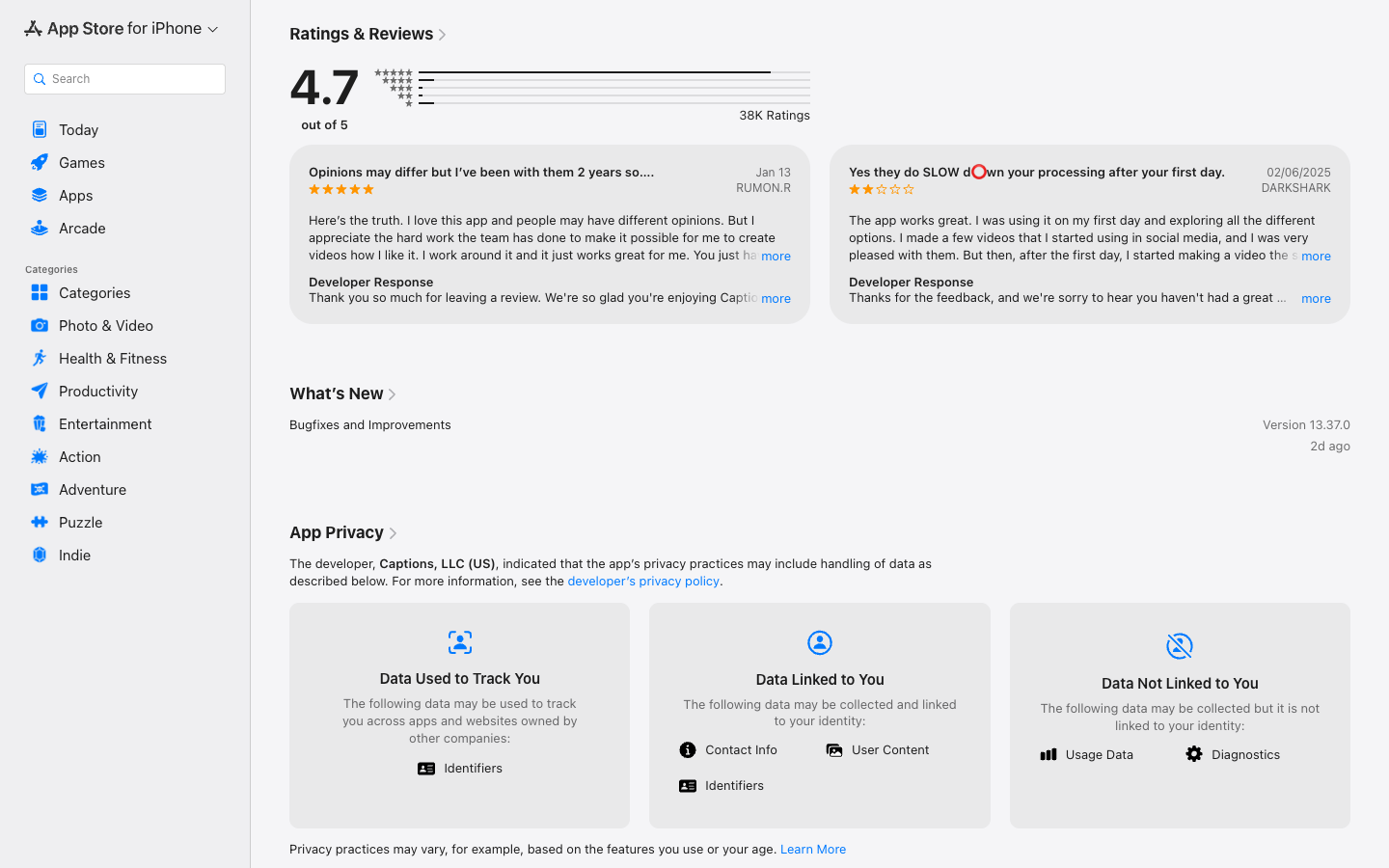 Captions AI reviews on the US App Store with 4.7 stars from 38K ratings