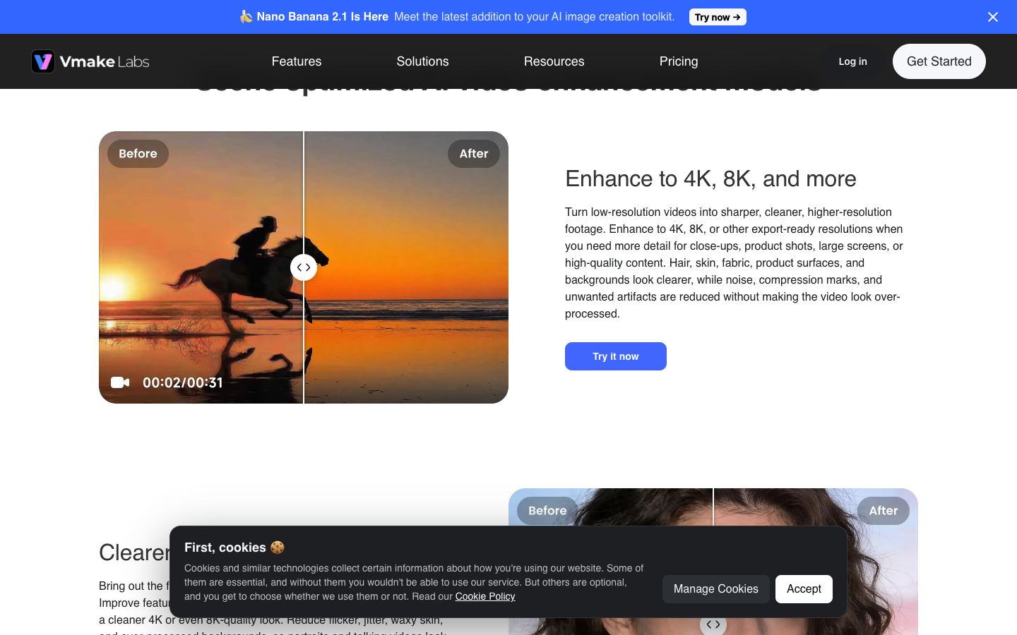 Vmake video enhancer page listing scene-optimized models: Portrait, Product, Low-Light, Gaming and Anime