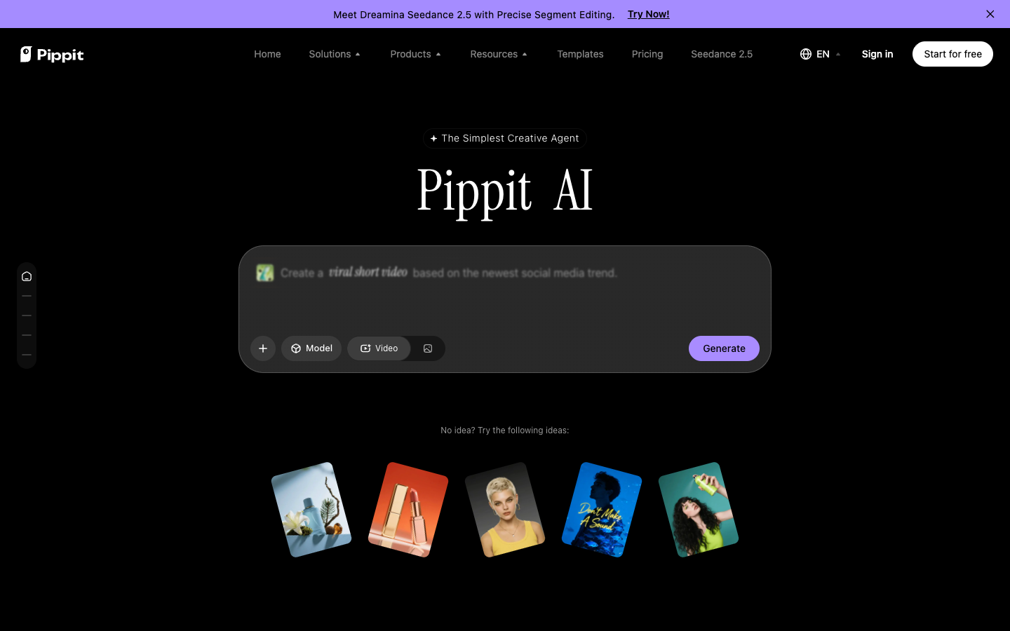 Pippit AI homepage with The Simplest Creative Agent prompt box and sample idea cards