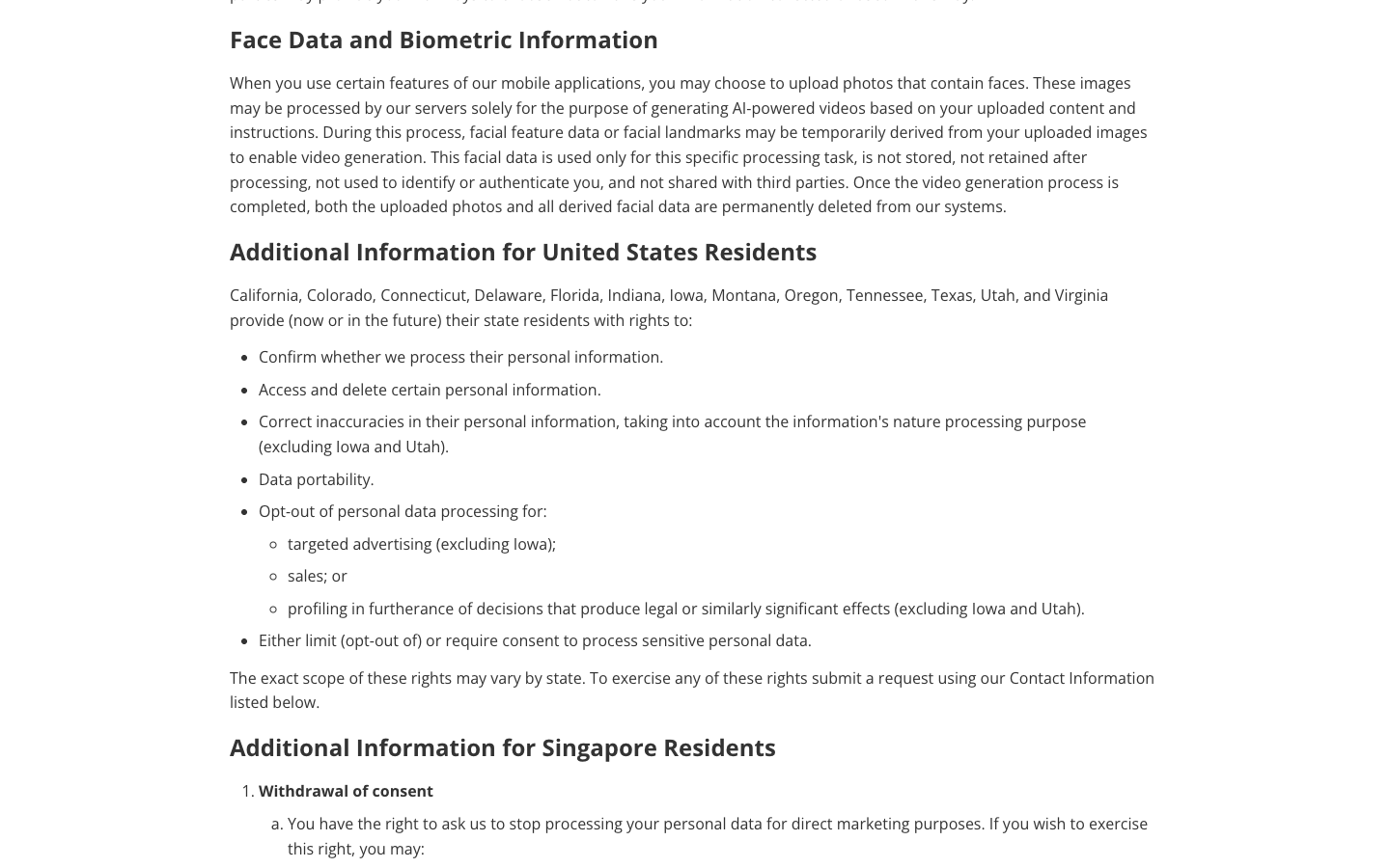 Face data section of the Hailuo AI privacy policy on processing and deleting uploaded photos